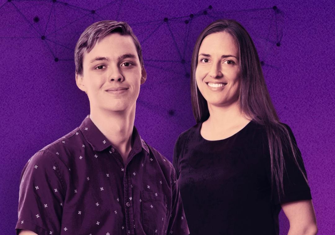 Composite image of a student and academic with a molecule graphic